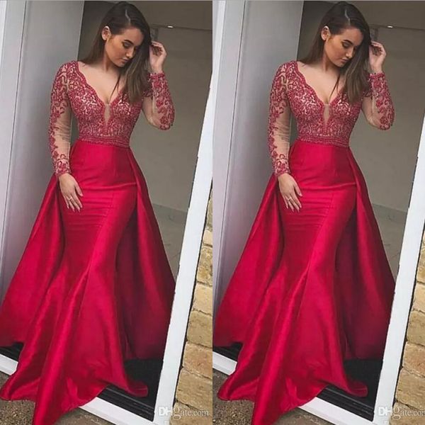 

mermaid overskirt prom dresses detachable v neck see through long sleeve lace holiday formal evening gowns long berta dressess 2019, Black