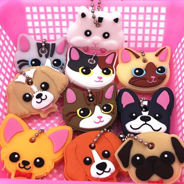 

40pcs/lot silicone key ring cap head cover keychain case shell cat hamster pug dog animals shape lovely jewelry gift, Slivery;golden