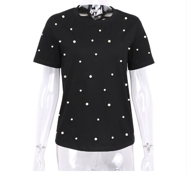 

2019 summer pearls beaded t -shirt women cotton loose casual black women short sleeve o -neck tee shirt high quality, White