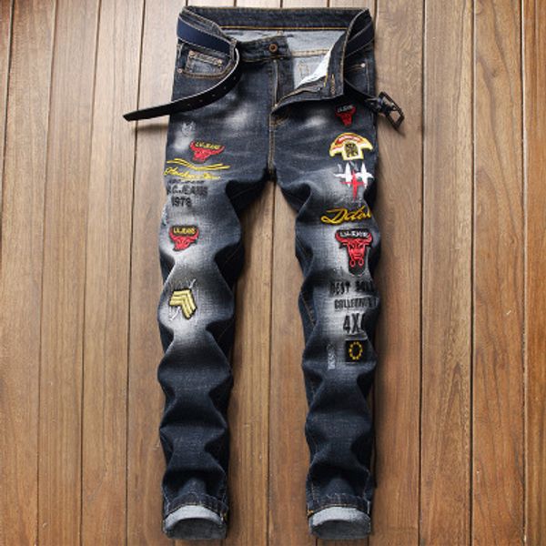 

2020 new selling men's slim personalized jeans men's elastic embroidered leggings mens trend straight tube mens jeans, Blue