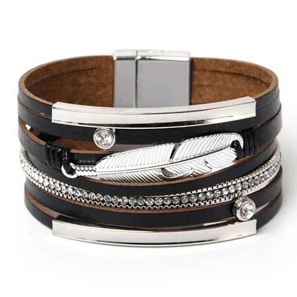 

bohemian leather bracelet ethnic wind woven feather wide-brimmed bracelet, Golden;silver