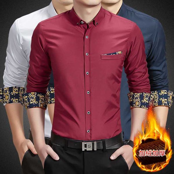 

2020 winter new men's warm shirt plus velvet thick solid color long-sleeved printed plaid casual mens shirts, White;black