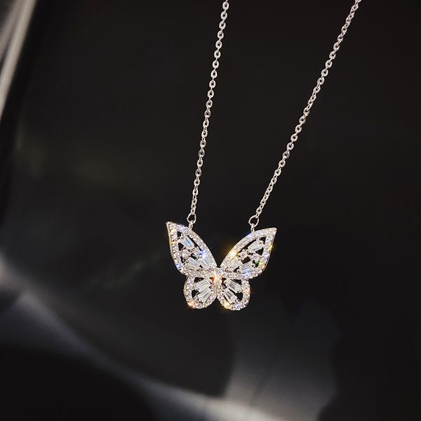 

korea fashion jewelry exquisite copper inlay zircon smart three-dimensional butterfly pendant clavicle necklace for women, Silver