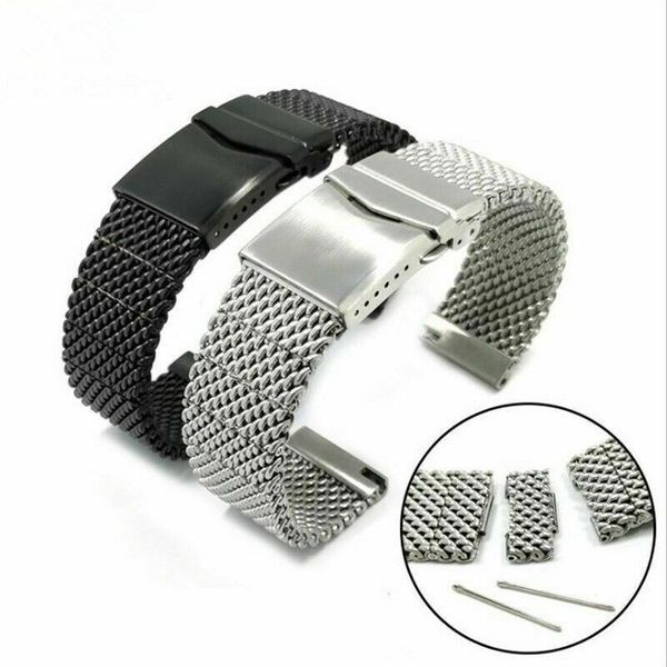 

luxury black/silver 22mm mesh stainless steel band solid link watch strap replacement bracelet straight ends fold clasp, Black;brown