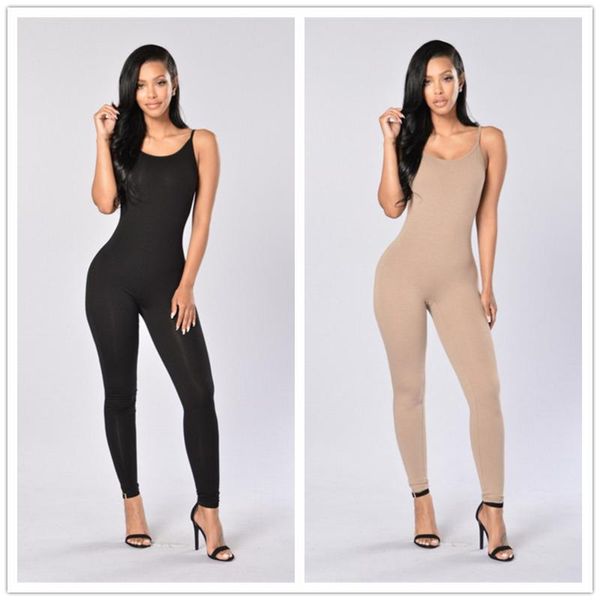 

summer women slim bodycon jumpsuits spaghetti strap skinny elastic black white long jumpsuit casual overalls for women