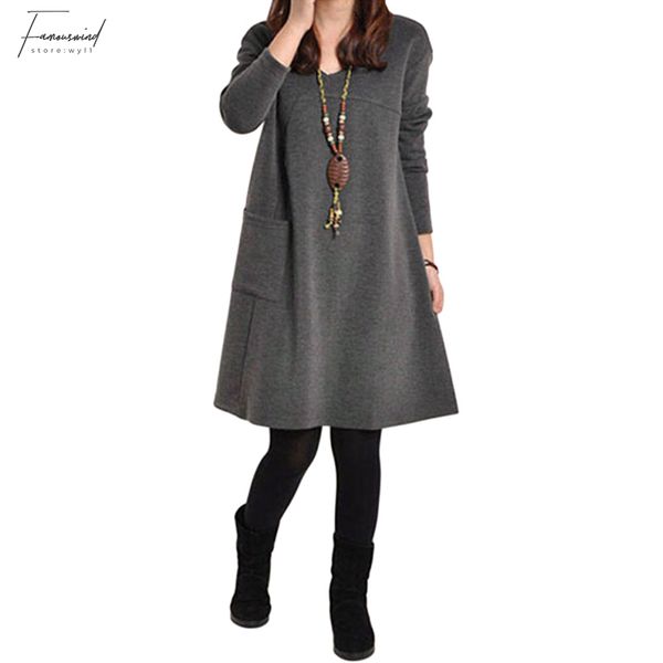 

дизайнерские платья плюс размер женская одежда осень женская мода платье с длинным рукавом карманный o шеи плюс размер повседневные платья д, Black;gray