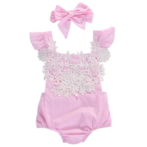 

newborn baby girl bodysuit pink lace floral patchwork sleeveless backless jumpsuit headband outfits clothes, Blue