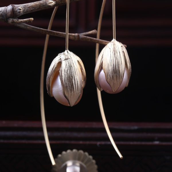 

new arrival freshwater baroque pearl dropping earrings for woman with hand make gold tulip woman's gift, Silver