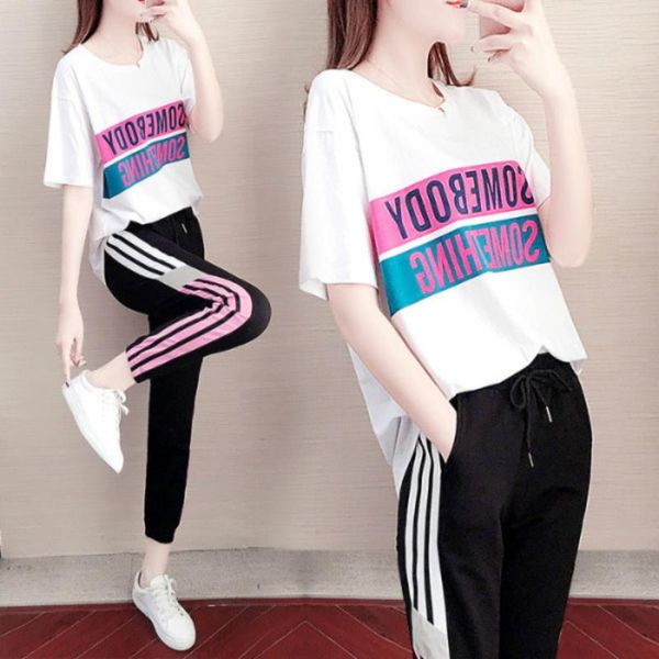 

women's sportswear casual loose suit running two-piece breathable suit short-sleeved ankle-length pants sport, White;black