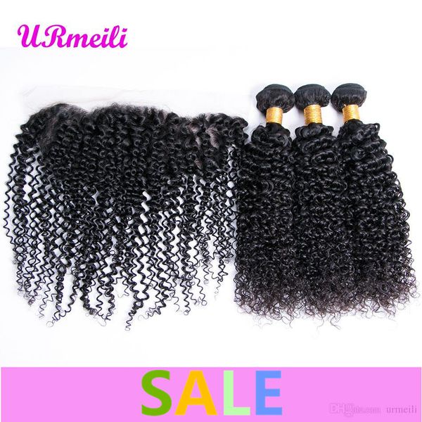 

mongolian kinky curly virgin hair bundles with lace frontal closure 100% unprocessed remy human hair 3/4 curly bundles with frontal closure, Black;brown