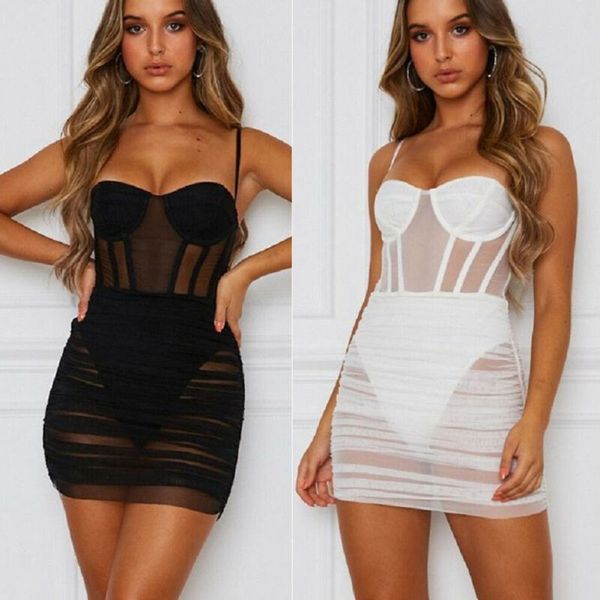 

women 2020 summer spaghetti strap solid draped see-through bodycon nightclub slim stocking dress mesh streetwear dress, Black;gray