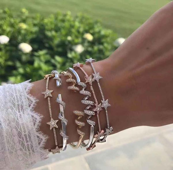 

cute cz star hand string bracelet micro paved cz zircon beads lucky charm adjustable women yoga pulsera dainty bracelet adjust, Golden;silver