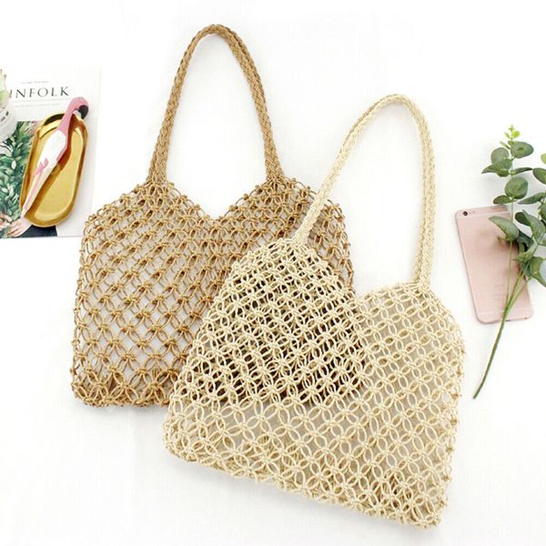 

casual straw tote bags women bohemian rattan shoulder bags solid hollow out handbags beach holiday 2019