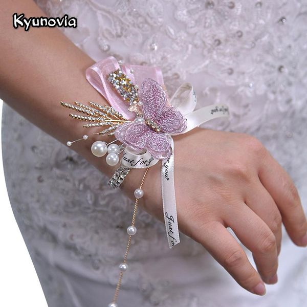 

kyunovia girls bridesmaid wrist corsage bow wedding boutonniere prom suit decoration man pin groom brooch buttonholes by45 rfpyx, Black;gray