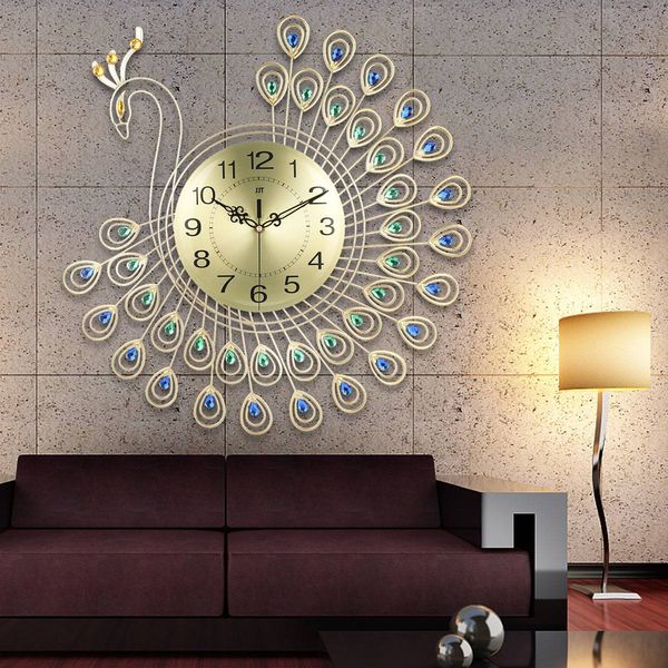 

eco-friendly large 3d gold diamond peacock wall clock metal watch home living decoration diy clocks crafts ornaments gift 53x53cm