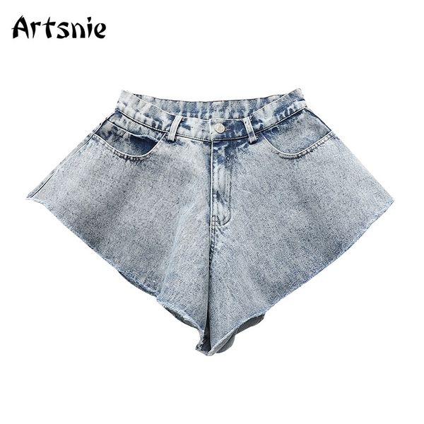 

artsnie blue vintage casual denim shorts women summer high waist pockets jeans zipper streetwear loose flare shorts mujer, White;black