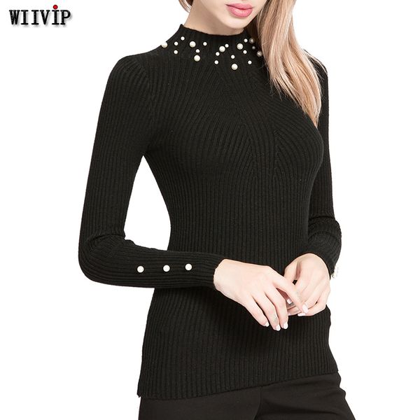 

new fashion full sleeve half turtleneck women pearl beaded sweater pullovers spring autumn winter knit slim solid sweater 9569, White;black