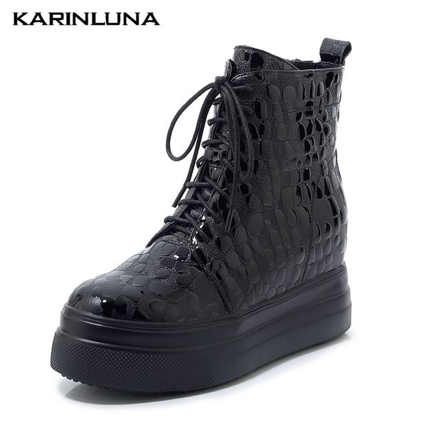 

karin brand design genuine leather shoelace height increasing shoes woman casual ankle boots women shoes, Black