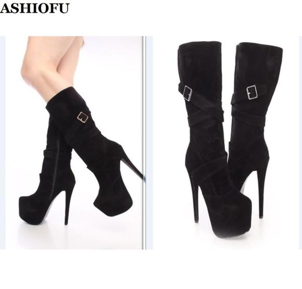 

ashiofu new women high heel platform boots round-toe party prom knee boots club evening winter fashion shoes, Black