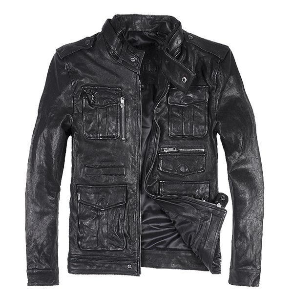 

zvaqs korean style mens sheepskin genuine leather short jackets biker slim fit male coat jaqueta de couro masculina blouson moto, Black
