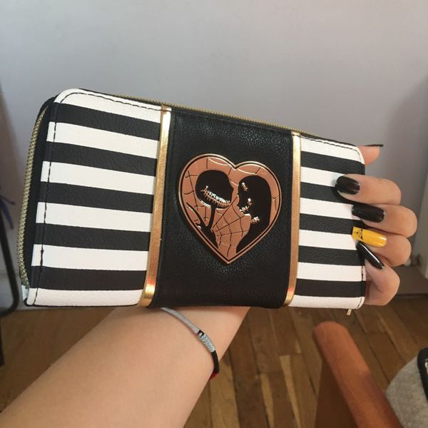 

designer wallet purse striped jack and sally zipper women wallet metal badge purse the nightmare before christmas dft-5033, Red;black