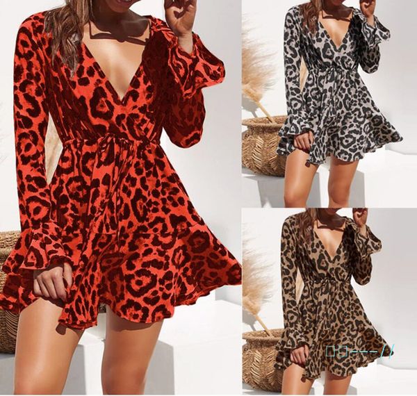 

новые дизайнерские юбки для женщин платья весна лето лепесток рукав sexy leopard v-образным вырезом шифон dresslady юбка одежда 3 цвета s-3x, Black;gray