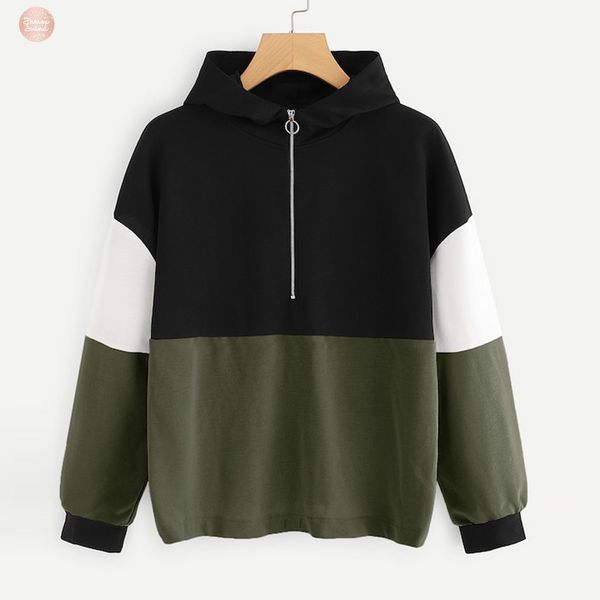 

кофты 1pc толстовка женщины zipper hoodie перемычка повседневный длинным рукавом полиэстер цвет блок толстовка пуловер tops dec17, Black
