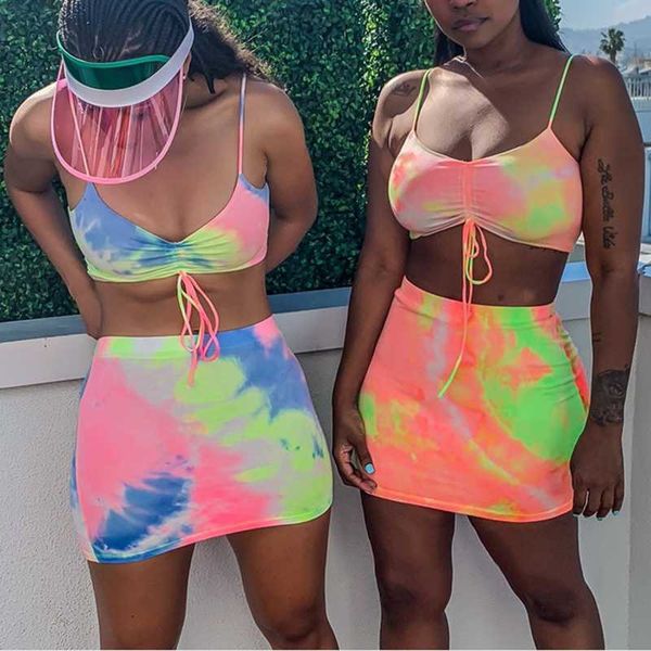 

spaghetti straps tie dye print camis skirt two 2 piece set 2020 summer women fashion party club holiday tracksuit, White