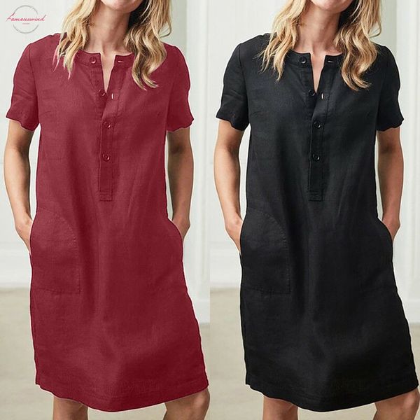

cotton linen shirt dress women autumn o neck short sleeve casual loose dresses summer ladies clothing pure color 2020, Black;gray