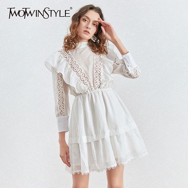 

twotwinstyle pacthwork lace ruffles dress women stand collar lantern long sleeve high waist ruched dresses for female 2020 tide, Black;gray