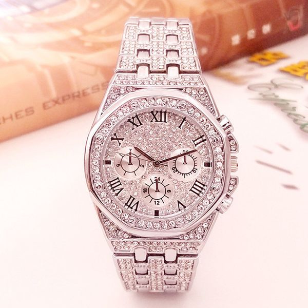 

waterproof eye rhinestone super clock dial steel bring octagonal man diamond stainless rivet three quartz wrist watch kvctu, Slivery;brown