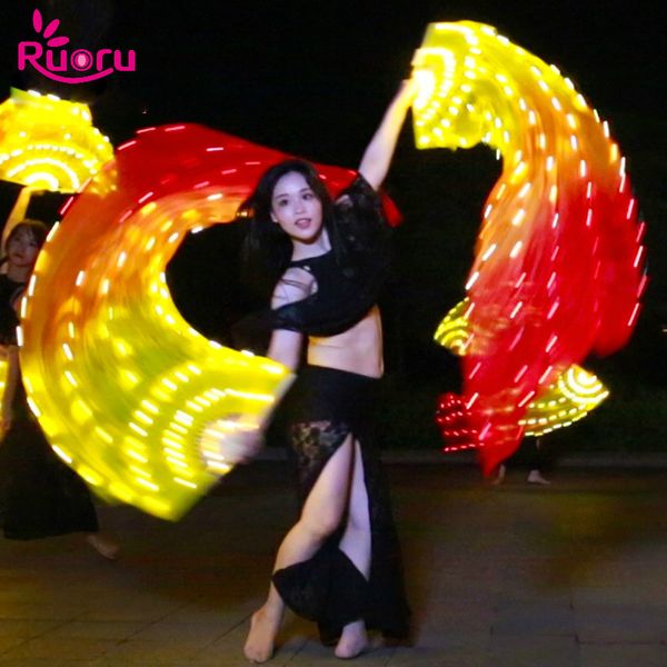 

ruoru 2 pieces = 1 pairs 100% silk led fan veil light up belly dance veil fire fan dance silk bellydance performance props, Black;red