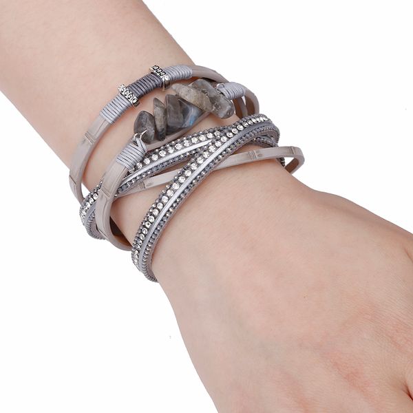 

amorcome ручной multilayer кожаный браслет rhinestone природный камень wrap шарм bohemian браслеты браслеты женщины ювелирные изделия, Golden;silver