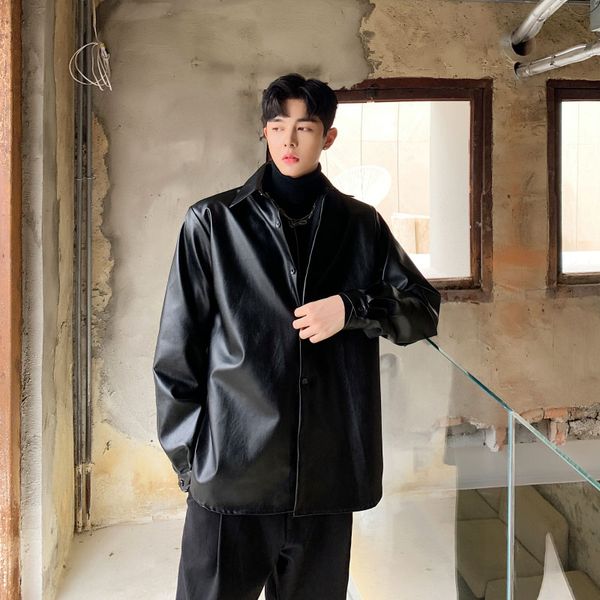 

men casual long sleeve pu leather shirt male women streetwear hip hop fashion loose shirt style jacket coat, White;black