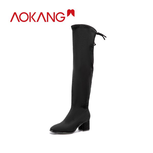 

aokang 2019 warm boots women winter pointed toe thick heel over the knee boots woman high heel long thigh high botas, Black
