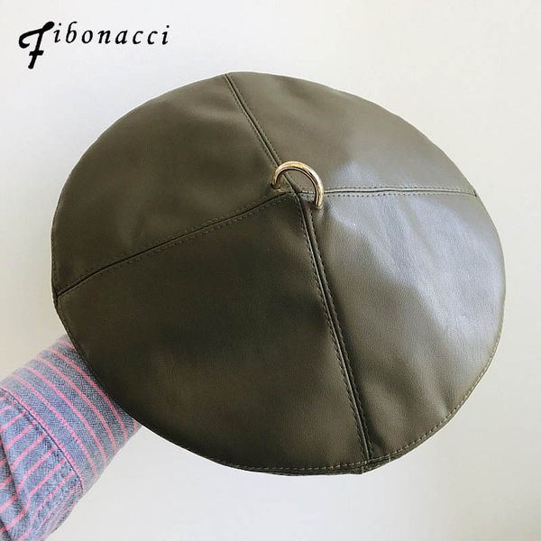 

fibonacci 2019 new brand quality pu leather beret hat four panels fashion women cap female french berets, Blue;gray