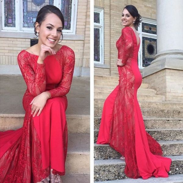 

red lace satin dresses evening wear illusion long sleeve mermaid plus size prom dress bateau v open back evening gowns long red, Black;red