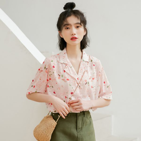 

korean summer short sleeve v neck casual blouses harajuku floral printed women blouse and blusas female lady chiffon shirts, White
