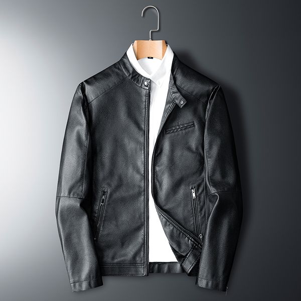 

new arrive casual leather jacket male soft pu men faux leather jackets solid slim stand collar zipper fashion mens coats, Black