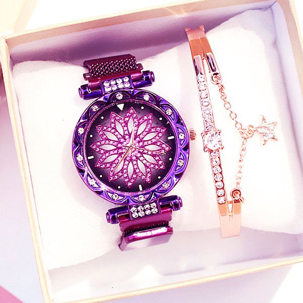 

women magnet buckle lucky flower watch luxury ladies rhinestone quartz watch bracelet set, Slivery;brown