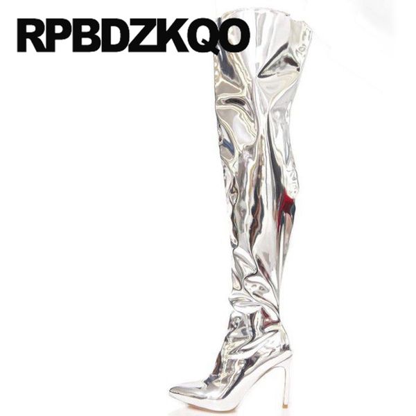 

stiletto pointed toe high heel over the knee silver thigh boots for plus size women metallic shoes extreme big fetish 12 44, Black