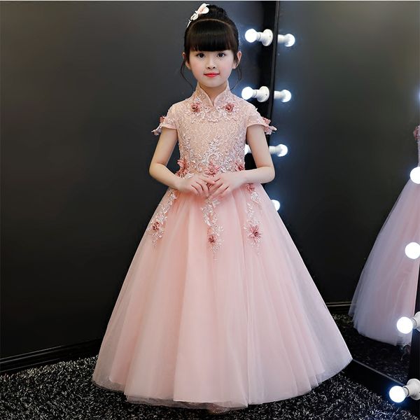 

new arrival children girls elegant pink color birthday wedding party princess lace dress teens kid communication host prom dress, Red;yellow