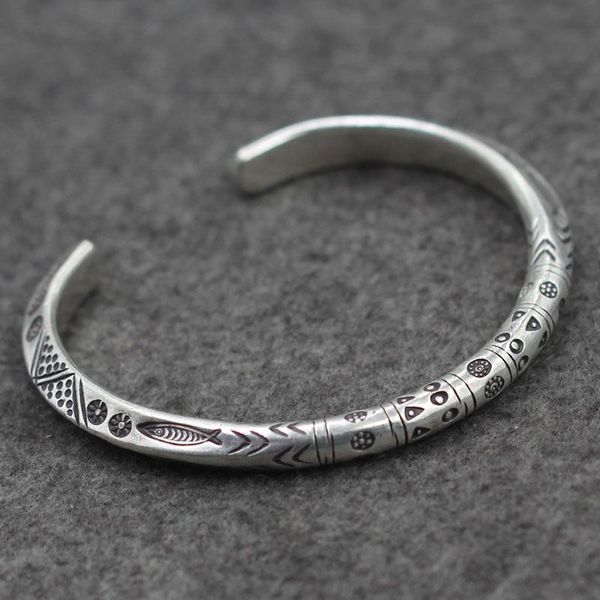 Braccialetti fatti a mano in argento sterling S925 di Chiang Mai, braccialetto originale per uomini e donne, originale, con estremità aperta, squisito intaglio