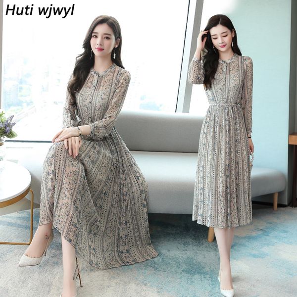 

2019 vintage chic print chiffon midi dresses autumn winter new plus size long sleeve dress elegant women bodycon party vestidos, Black;gray
