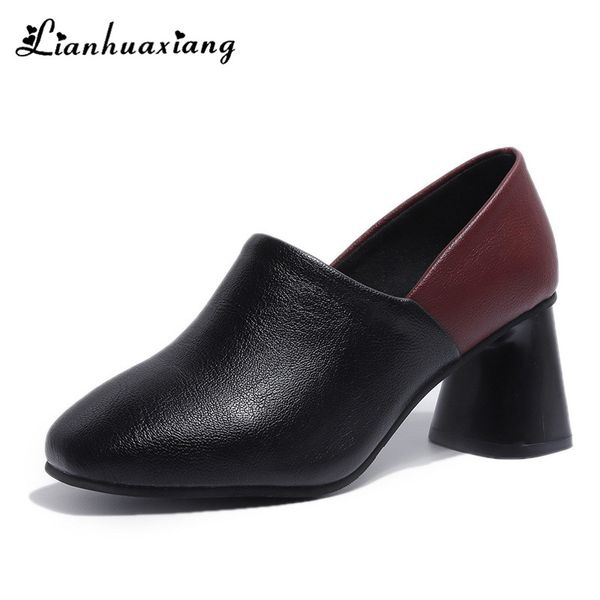 

2019 women pu hoof heel pumps ladies fashion casual square toe patchwork shoes office work shoes mujer verano zapatos big size42, Black