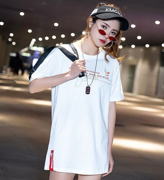 

2019 spring and summer new women's short-sleeved t-shirt round neck europe and the united states wind large size loose long paragraph w, White
