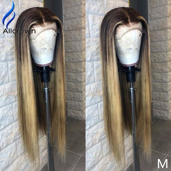 

alicrown 150% density ombre 1b/27 lace front human hair wigs bleached knots 13*6 lace wigs pre-plucked with baby hair, Black;brown