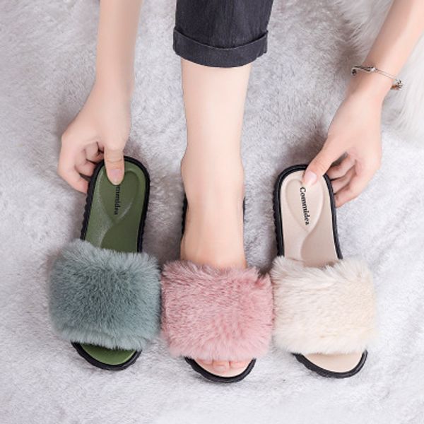 

нью-осень зима теплого слова fur тапочки австралии роскошных женщин моды ткань дом тапочки флип-флоп сандалии дизайнера женской обуви, Black