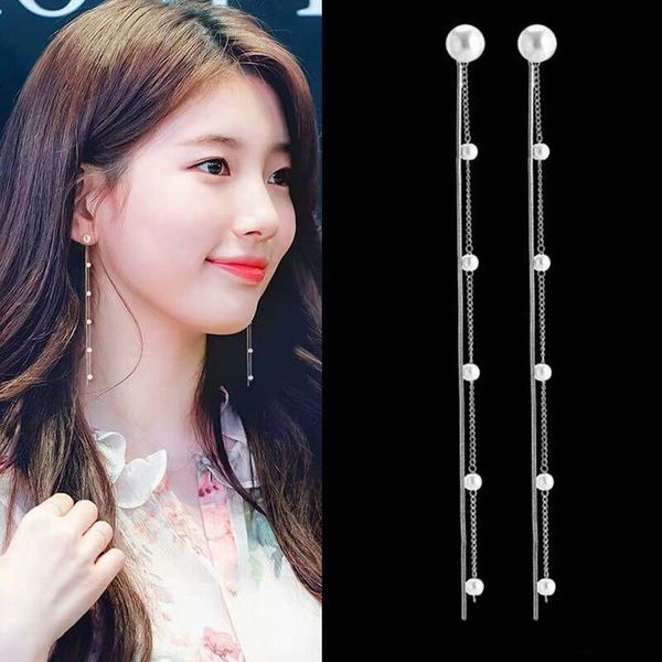 

2019 korea fashion drop earrings for women trendy metal simple golden silver long pearl tassel dangle earrings jewelry girl gift