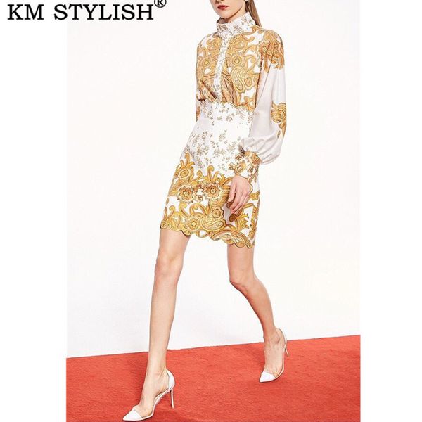 

2019 spring fashion women's sets skirt feminine lantern sleeve print shirt + hip half skirt two-piece suit, White